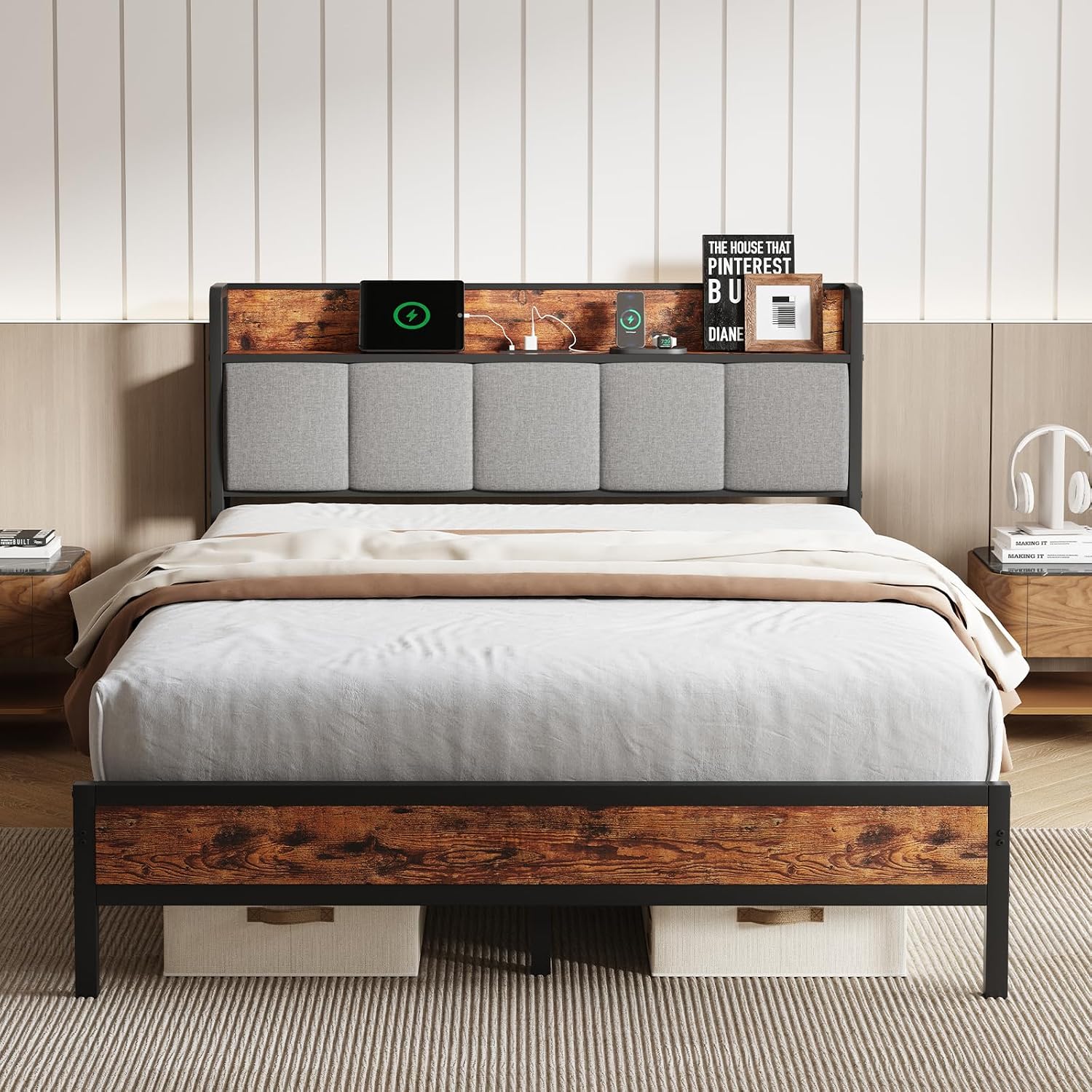 Novilla Full Size Bed Frame with Charging Station USB/Type-C & Storage Headboard, Modern Metal Platform Bed Frame, Easy Assembly, Heavy Duty Slats Support, Noise Free, No Box Spring Needed