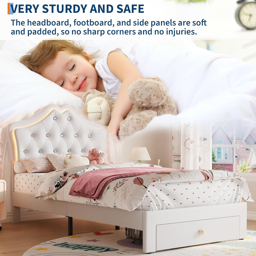 Garvee Twin Size Bed Frame with LED Lights & Velvet Crystal Button Headboard, Upholstered Boy/Girl Platform Bed with Storage Drawer, Noise Free, No Box Spring Needed for Kids, Teens, Beige