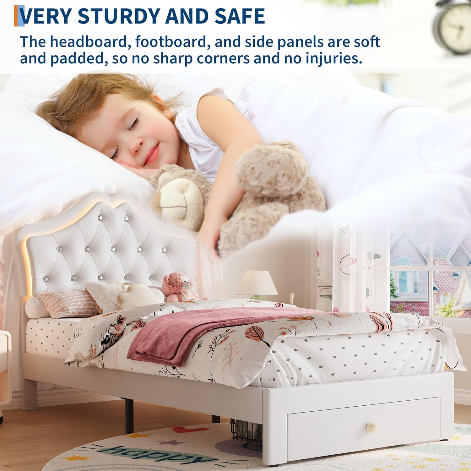 Garvee Twin Size Bed Frame with LED Lights & Velvet Crystal Button Headboard, Upholstered Boy/Girl Platform Bed with Storage Drawer, Noise Free, No Box Spring Needed for Kids, Teens, Beige