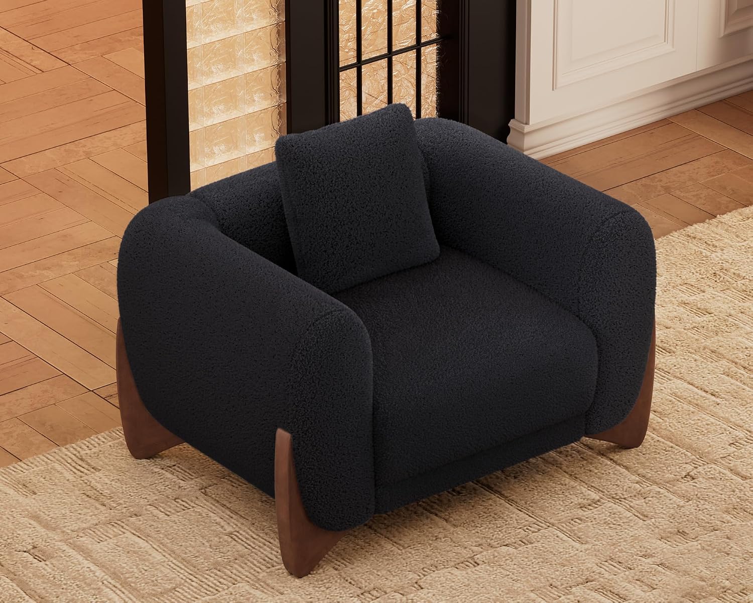 Morden Fort Sherpa Boucle Couch Armchair Single, Modern Sofa Upholstered Deep Chair with Soft Throw Pillow Skin-Friendly Minimalist Accent Chair Compatible with Sofa Set Couch for Living Room, Black