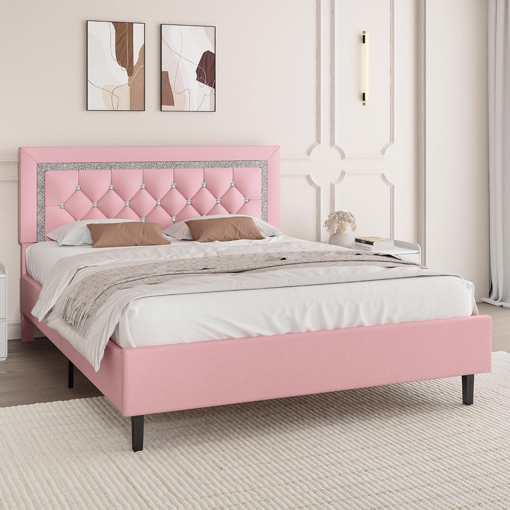 BarnFurin Full Size Bed Frame with Tufted Button Headboard, Upholstered Platform Bed Frame with Diamond Design, Wood Slat Support, No Box Spring Needed, Easy Assembly, Pink