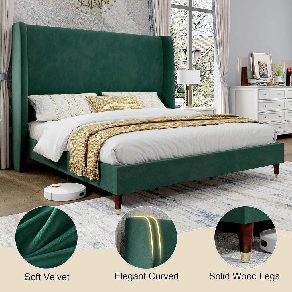 PaPaJet Queen Bed Frame with 51.2' Tall Wingback Headboard,Velvet Upholstered Platform Bed,Solid Wood Legs,No Box Spring Needed,Noise-Free&Easy Assembly,for Couples, Guest Room, Apartment,Green