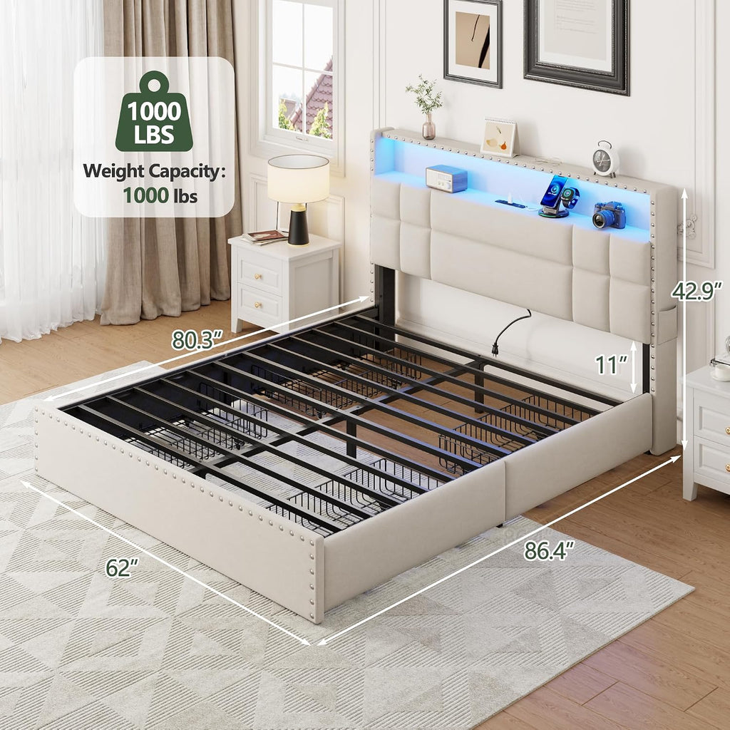 OURPIC Queen Bed Frame with 4 Storage Drawers & Headboard, Upholstered Platform Bed Frame Queen Size with Charging Station & LED Lights, No Box Spring Needed, Metal Slats Support, Noise Free, Beige