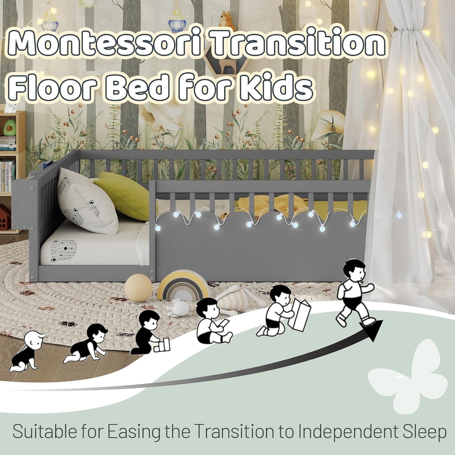 Montessori Floor Bed with High Rails,Full Size Floor Bed Frame for Kids, LED Lights & Storage Shelf, Safe & Wider Opening Gate Design, Playground & Sleep Space for Girls Boys,Grey