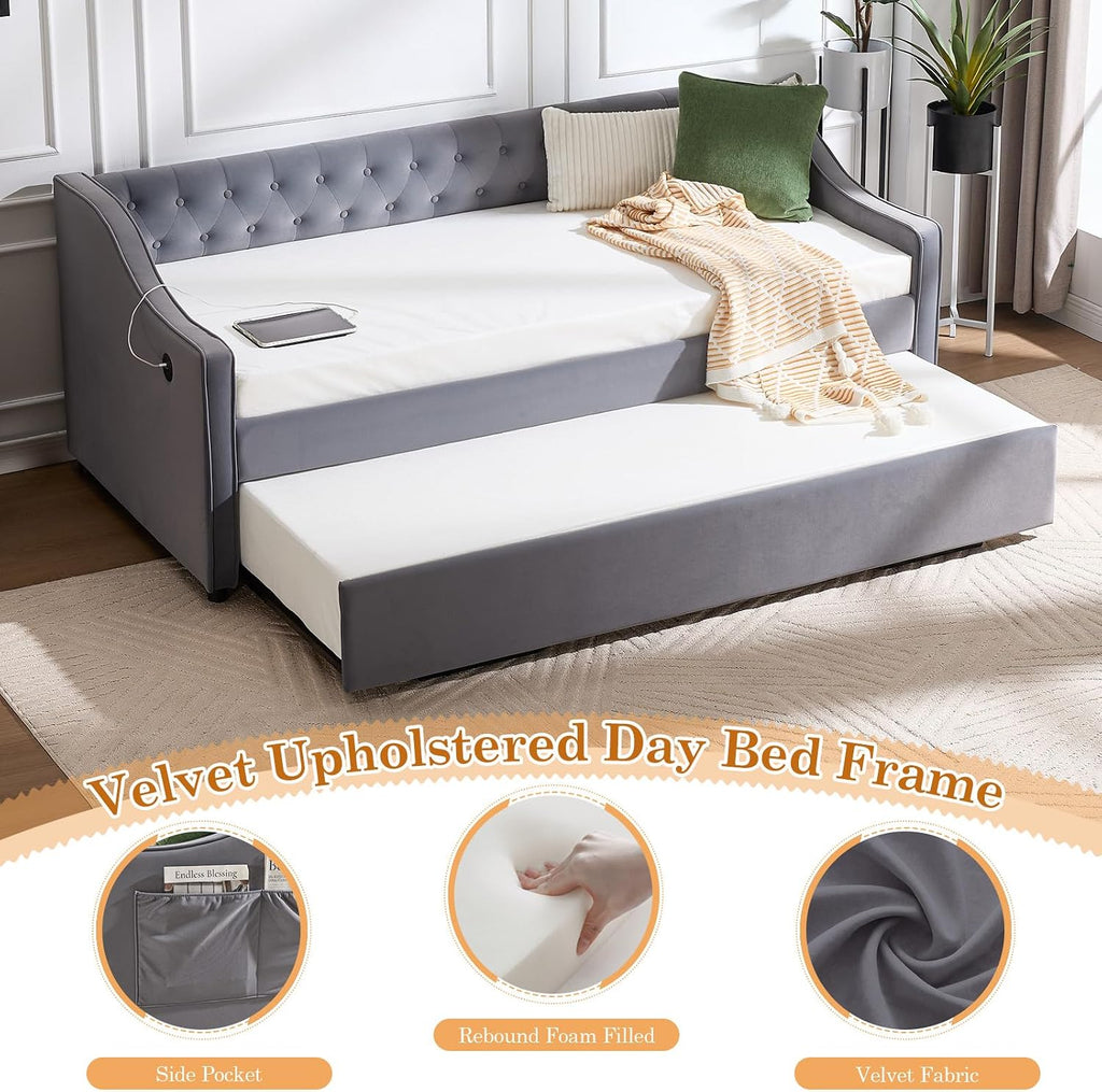 Twin to King Daybed with Trundle, USB Ports Soft Upholstered Daybed with Pop Up Trundle Bed Twin, Modern Extendable Day Bed Frame for Girls Bedroom Living Room Guest Room Small Places Dark Grey