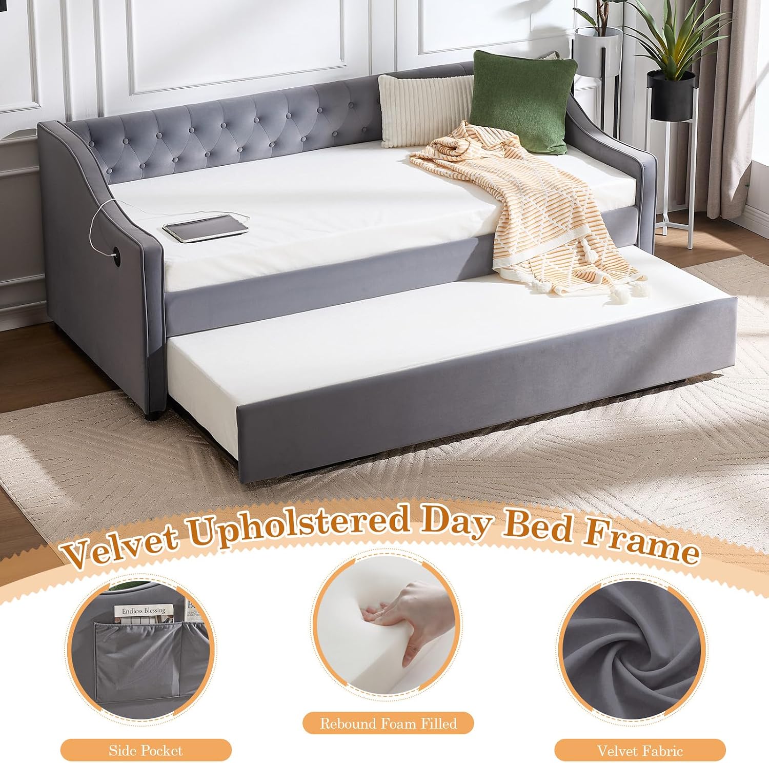Twin to King Daybed with Trundle, USB Ports Soft Upholstered Daybed with Pop Up Trundle Bed Twin, Modern Extendable Day Bed Frame for Girls Bedroom Living Room Guest Room Small Places Dark Grey