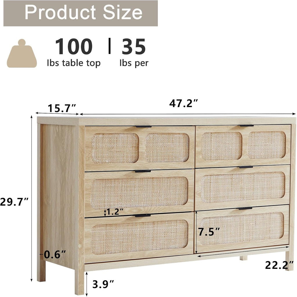 6 Drawer Dresser, Modern Rattan Dresser Chest with Wide Drawers and Metal Handles, Farmhouse Wood Storage Chest of Drawers for Bedroom, Living Room, Hallway, Entryway (Natural-6 Drawers)