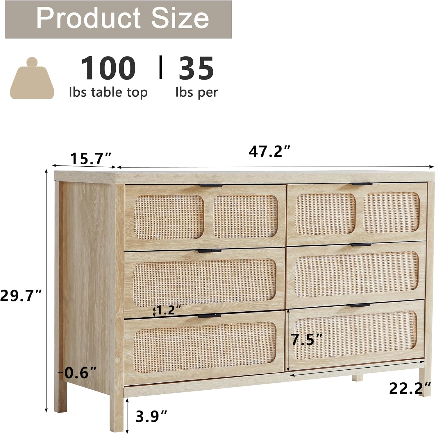 6 Drawer Dresser, Modern Rattan Dresser Chest with Wide Drawers and Metal Handles, Farmhouse Wood Storage Chest of Drawers for Bedroom, Living Room, Hallway, Entryway (Natural-6 Drawers)