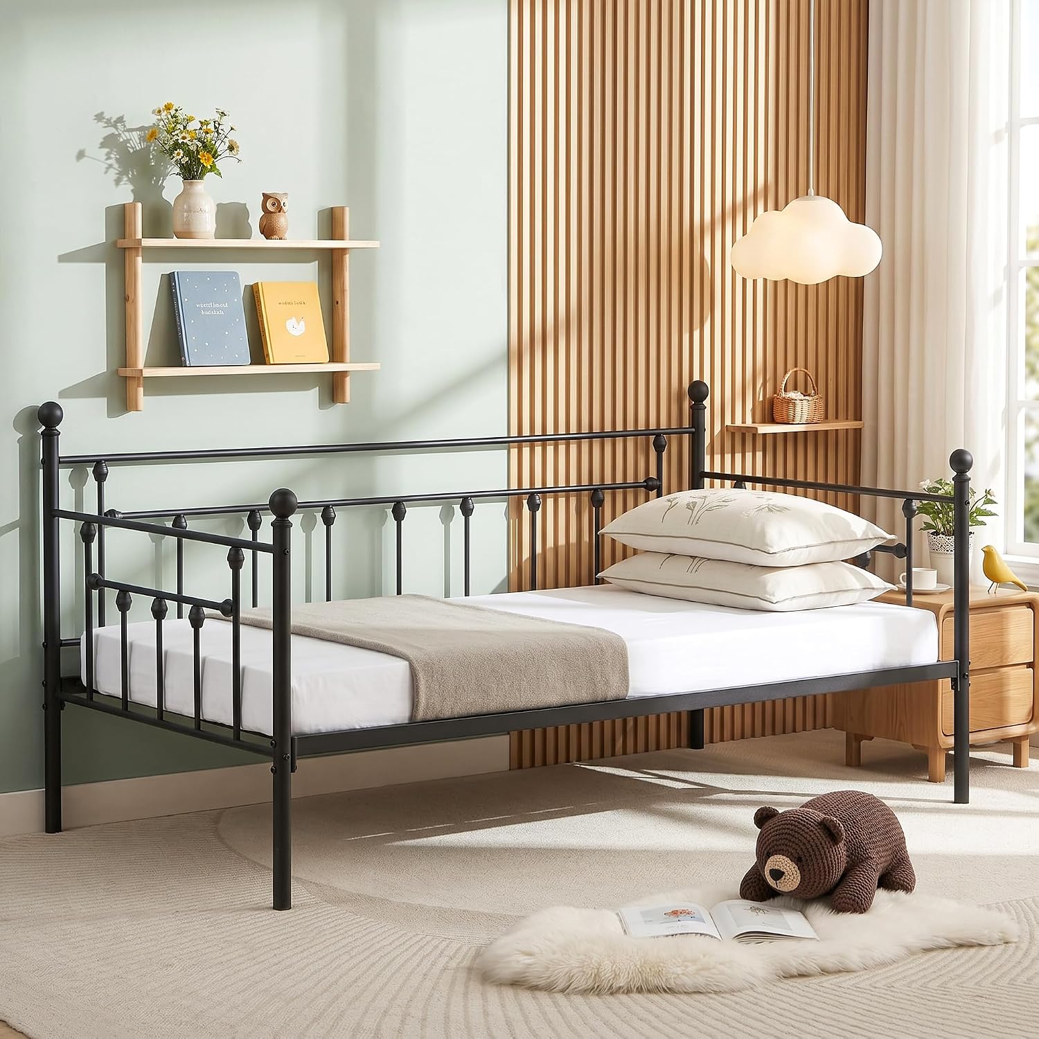 VECELO Daybed Frame, Twin Size Metal Platform Bed with Headboard,Heavy Duty Steel Slats Support for Living Room Bedroom Guest Room, Easy Assembly