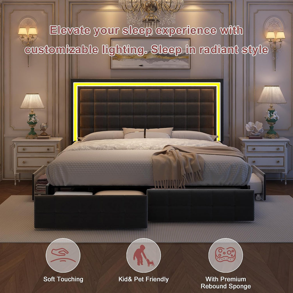 GEGOFORU Full Bed Frame with LED Lighting and Storage Drawers, No Box Spring Needed, Supports 900 lbs, Easy Assembly, Quiet and Sturdy Design, Velvet Gray