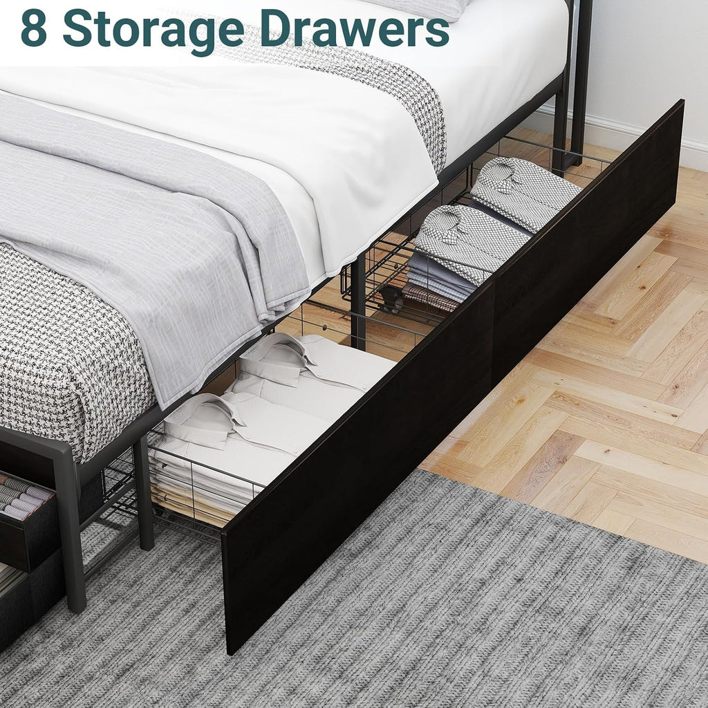 Zevemomo Queen Bed Frame with 8 Storage Drawers, Queen Metal Bed Frame with LED Light and Charging Station, Heavy Duty Metal Slats, No Box Spring Needed, Black