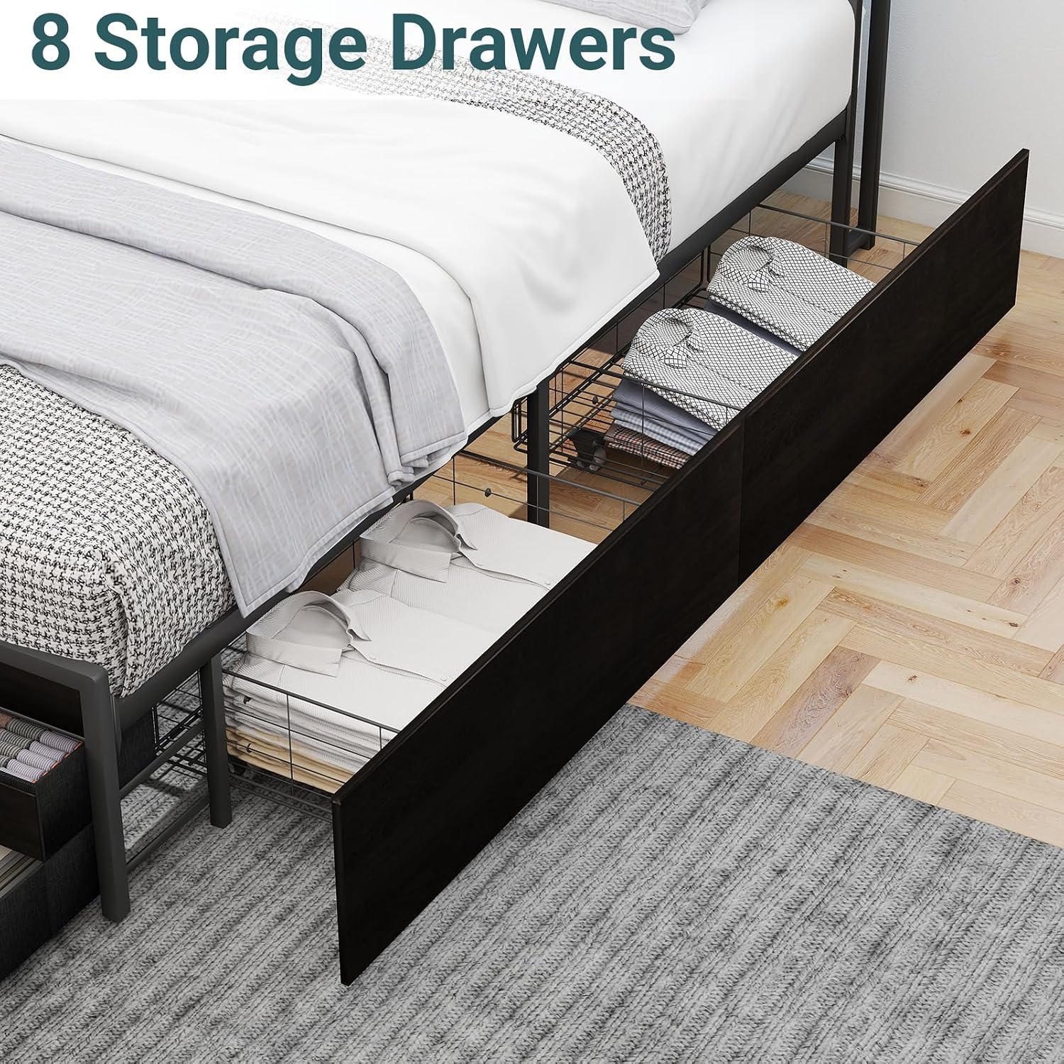 Zevemomo Queen Bed Frame with 8 Storage Drawers, Queen Metal Bed Frame with LED Light and Charging Station, Heavy Duty Metal Slats, No Box Spring Needed, Black