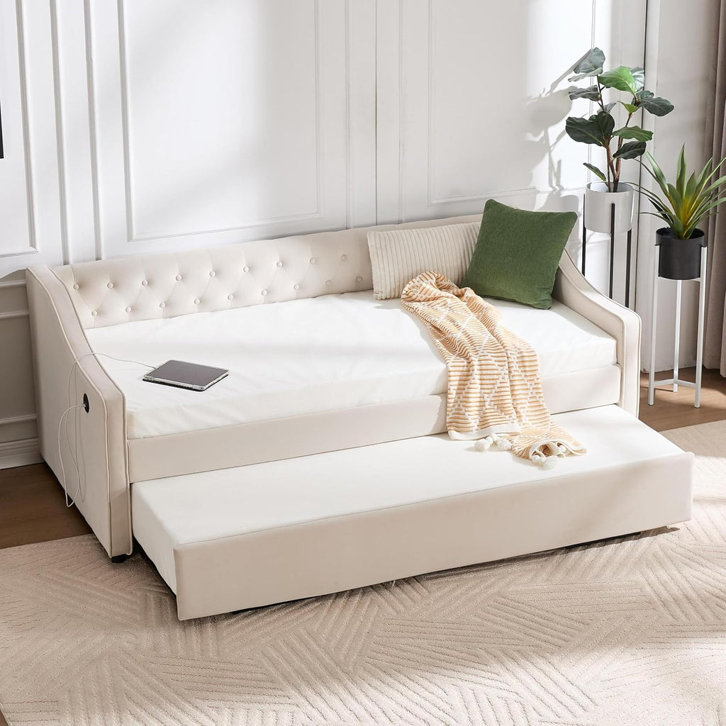 Twin to King Daybed with Trundle, USB Ports Soft Upholstered Daybed with Pop Up Trundle Bed Twin, Modern Extendable Day Bed Frame for Girls Bedroom Living Room Guest Room Small Places Champagne Beige