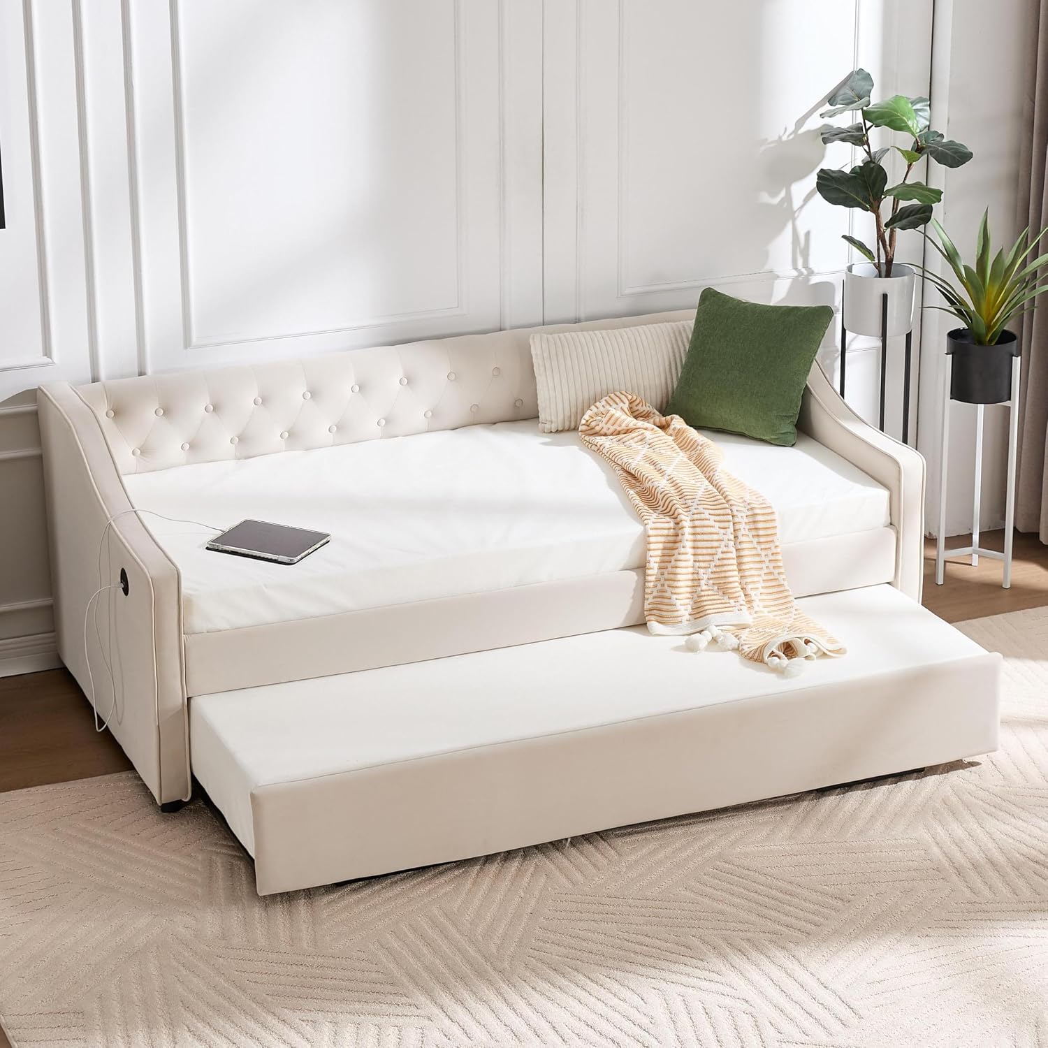 Twin to King Daybed with Trundle, USB Ports Soft Upholstered Daybed with Pop Up Trundle Bed Twin, Modern Extendable Day Bed Frame for Girls Bedroom Living Room Guest Room Small Places Champagne Beige