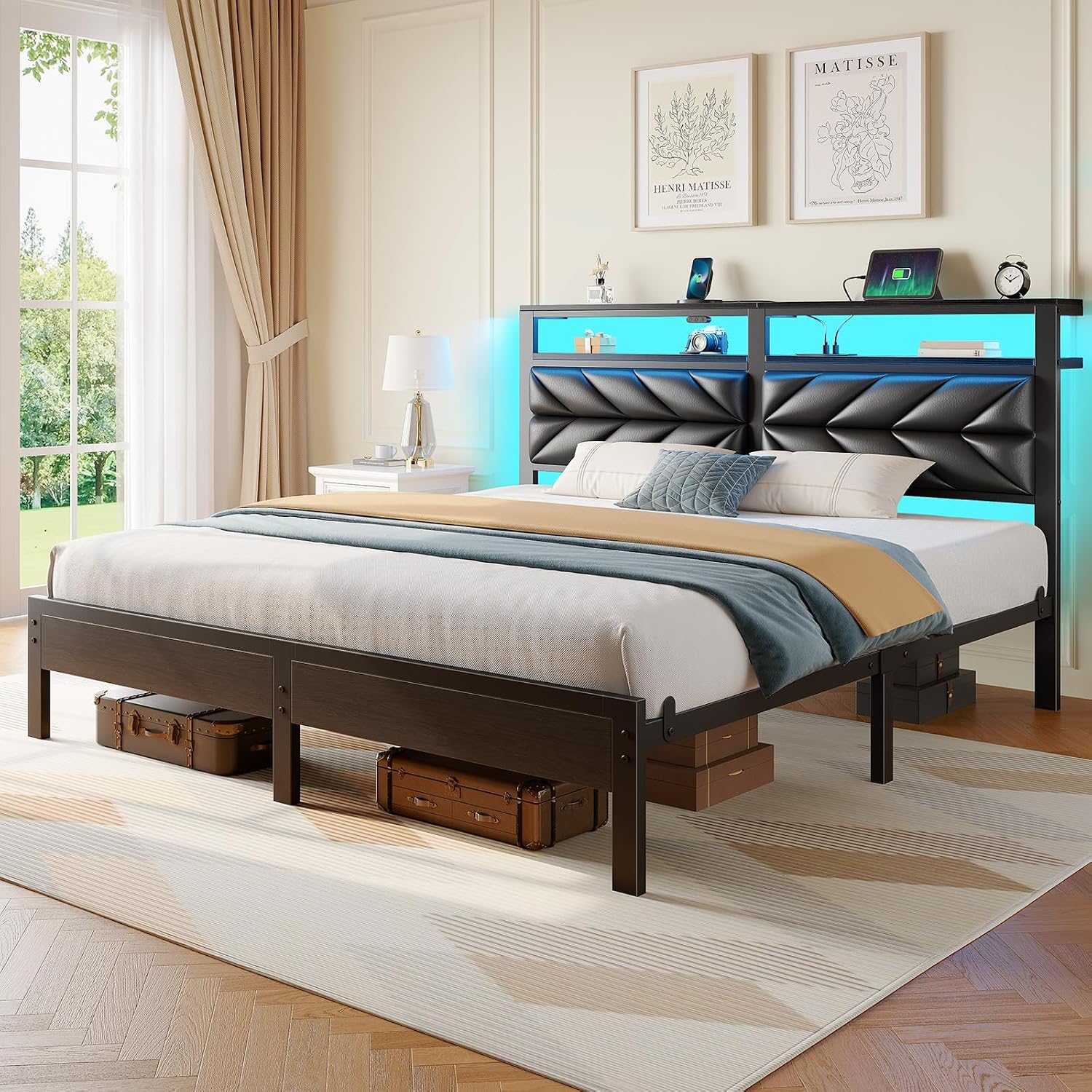 Seventable King Size Bed Frame with Charging Station & LED Lights, Upholstered Headboard with 2-Tier Storage Shelves, Metal Platform with Under Bed Storage, No Box Spring Needed, Easy Assembly, Black