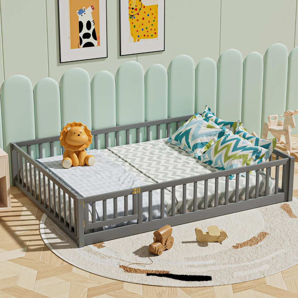 i-POOK Queen Floor Bed for Children, Sturdy Wood Montessori Bed Frame with Wood Slats, Fence & Door, Montessori Floor Bed for Girls and Boys, Gray