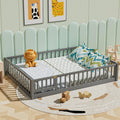 i-POOK Queen Floor Bed for Children, Sturdy Wood Montessori Bed Frame with Wood Slats, Fence & Door, Montessori Floor Bed for Girls and Boys, Gray