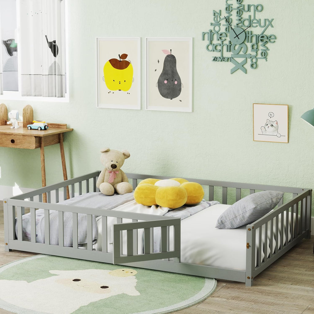 KOMFOTT Full Size Wood Floor Bed with Door & Fence, Montessori Bed Frame with Full Length Safety Guardrails, Slats Support, Door & Latch, Wooden Montessori Floor Bed, No Box Spring Needed (Grey)