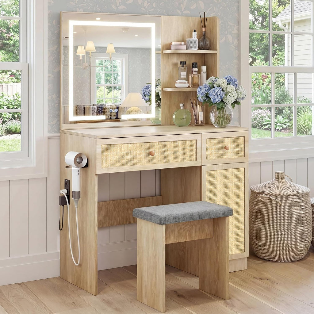 Yechen 35' Boho Makeup Vanity Desk with LED Lighted Mirror & Power Strip, Wooden Dressing Table Set with Rattan Drawers, Storage Shelves and Cushioned Stool for Bedroom, for Girls Women