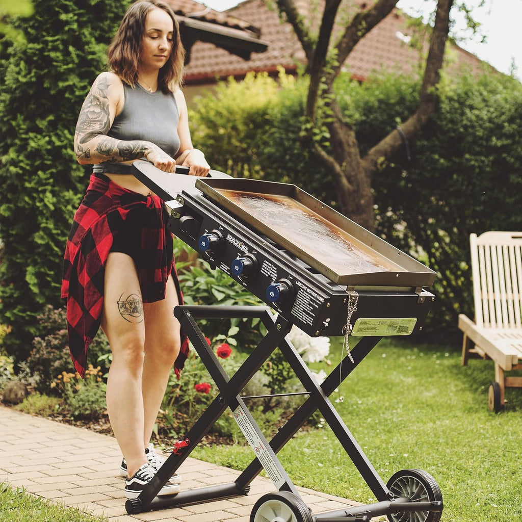 Razor Griddle Gas Griddle and Portable Propane Grill for Backyard BBQ, with Cart, Shelf