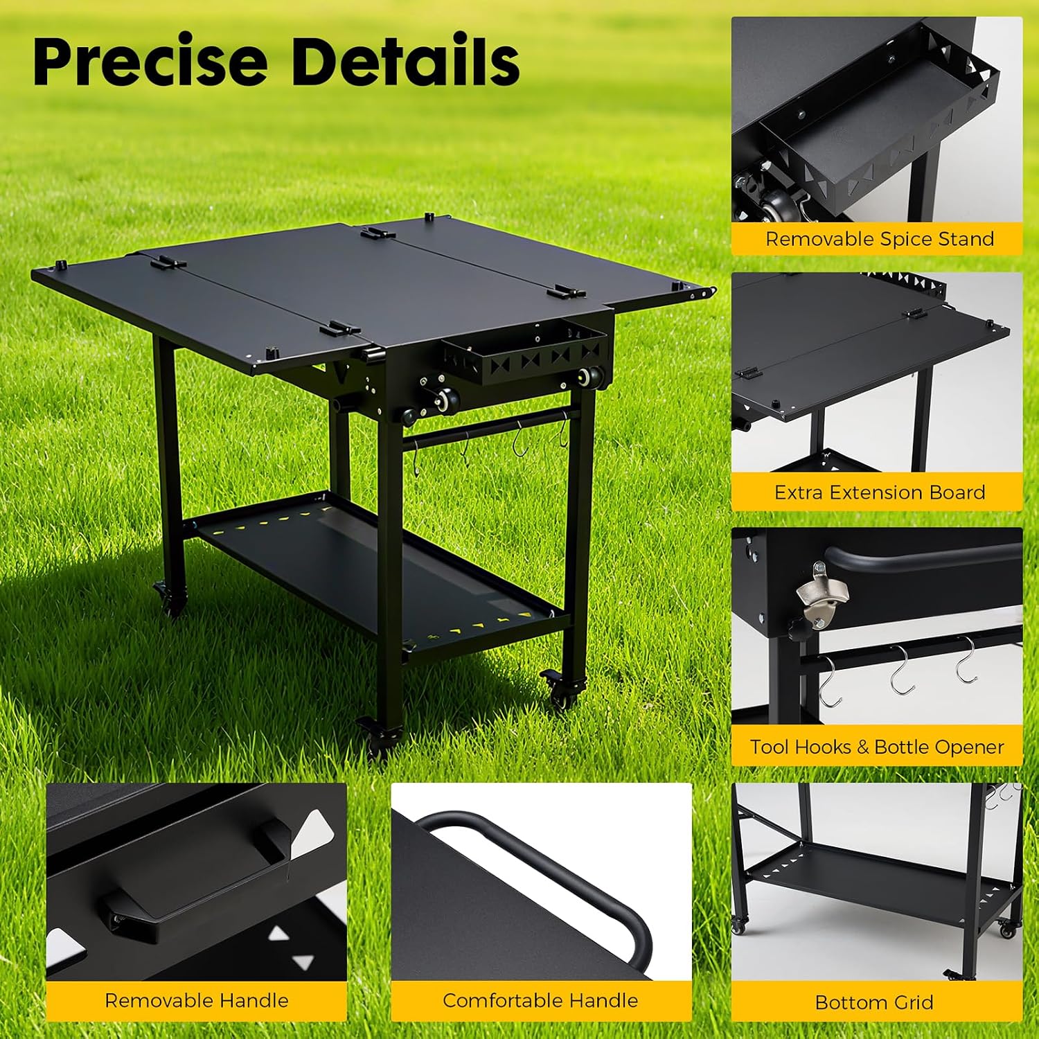 Portable Outdoor Grill Table with Wheels, Heavy-Duty Steel Prep Table, Folding Griddle Stand with Shelves, Bottle Opener, No Assembly Required, for BBQ, Pizza Oven, Patio