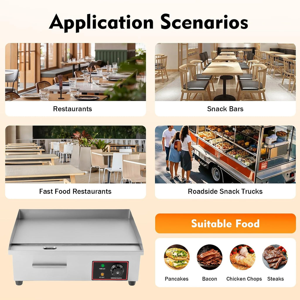 Commercial Electric Griddle, Teppanyaki Stainless Steel BBQ Flat Top Grill Hot Plate, 1600W Countertop Griddle Adjustable Thermostatic Control 122-572℉ Electric Griddle for Kitchen (1600W)