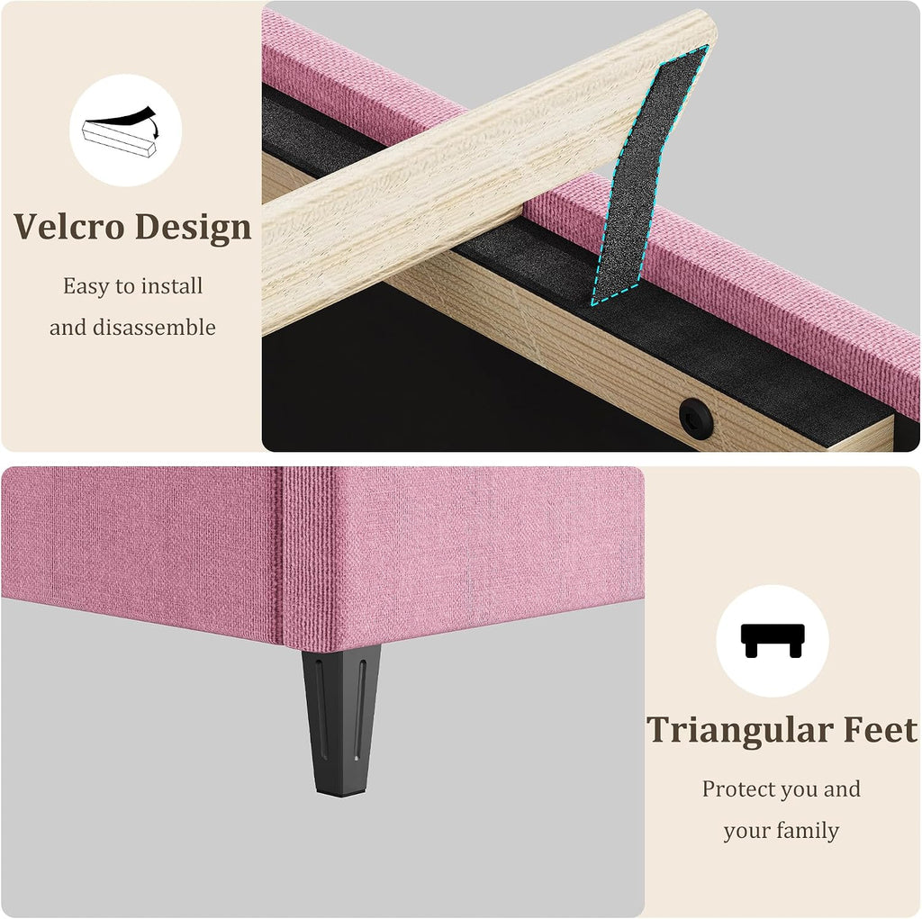 GarveeHome Pink King Bed Frame with Upholstered Headboard, Heavy-Duty Platform Bed Frame with Strong Wood Slats, No Box Spring Needed/Noise Free/Easy Assembly
