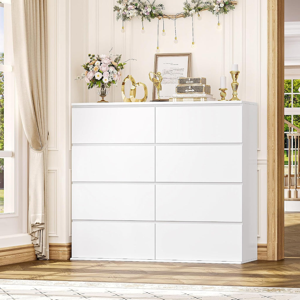 FINETONES 8 Drawer Dresser for Bedroom, White Dresser Double Chest of Drawers, Modern Wood Dressers with Deep Drawers for Living Room,White