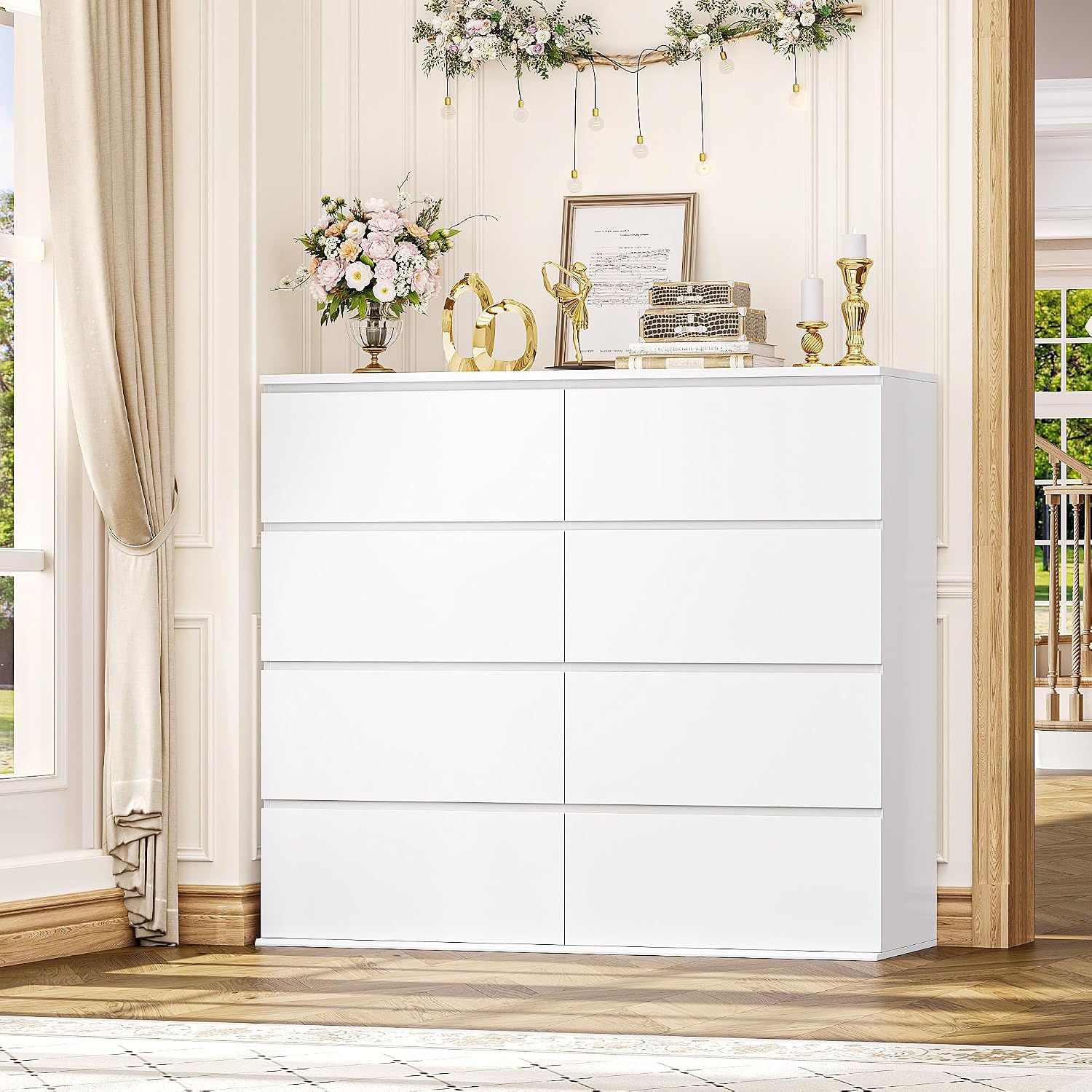 FINETONES 8 Drawer Dresser for Bedroom, White Dresser Double Chest of Drawers, Modern Wood Dressers with Deep Drawers for Living Room,White