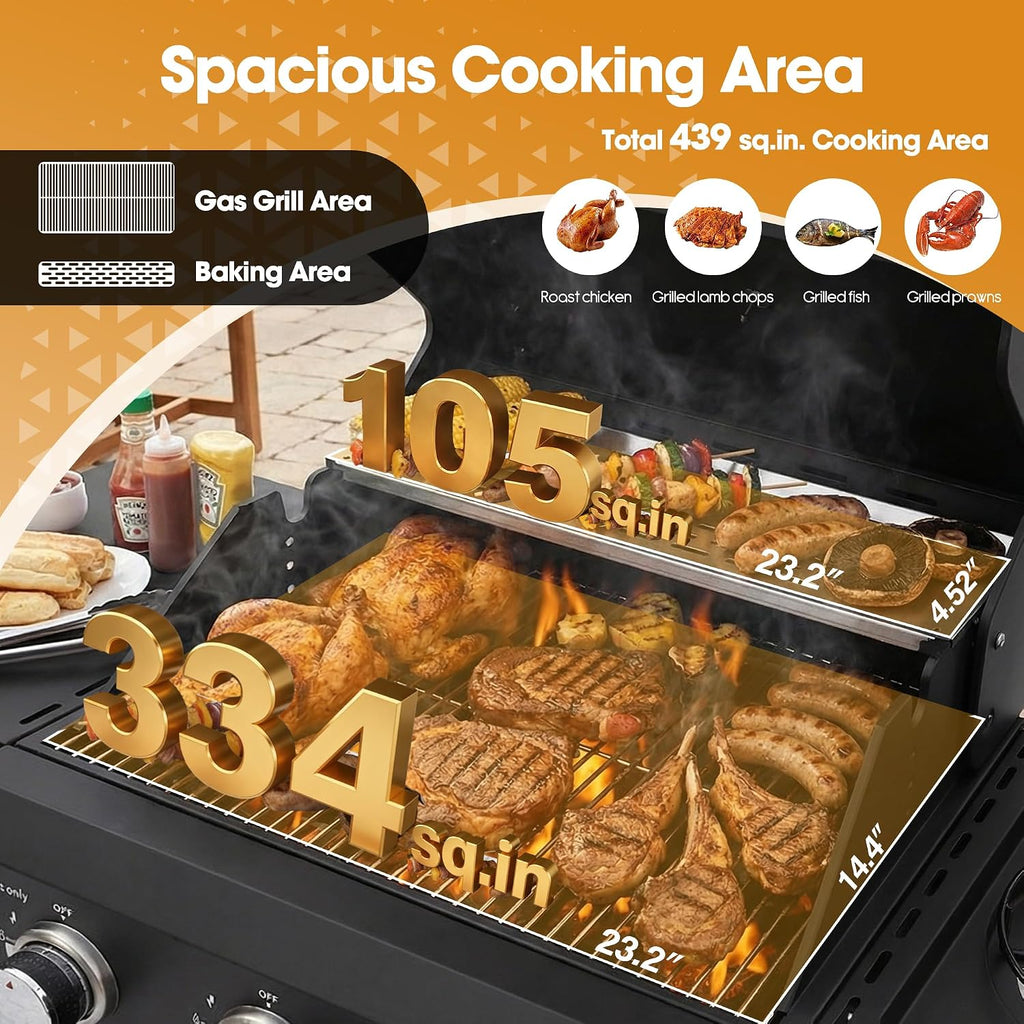 4-Burner Propane Gas Grill with Side Burner, 50,000 BTU Output Portable Outdoor BBQ Grill with Wheels, Stainless Steel Grates, Side Table and Spice Rack for Backyard, Patio, Camping