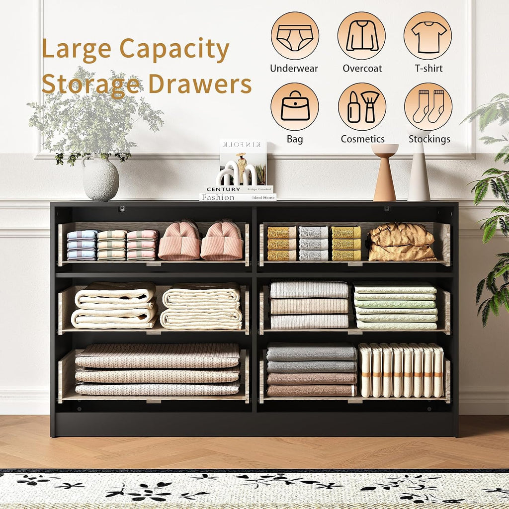 3-Piece Modern Bedroom Furniture Set, Wide 6-Drawer Dresser & 3-Drawer Nightstands Set of 2, Natural Wood Dresser and Nightstand Sets for Bedroom, Hallway, Black