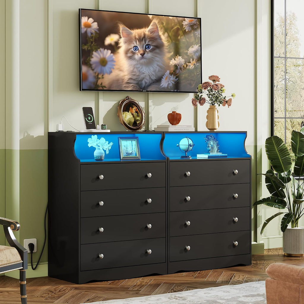 WLIVE Black LED Dresser for Bedroom, Tall Wood Dresser with 4 Drawers and Open Shelf, Chest of Drawers with Power Outlet for Living Room, Hallway, Closet