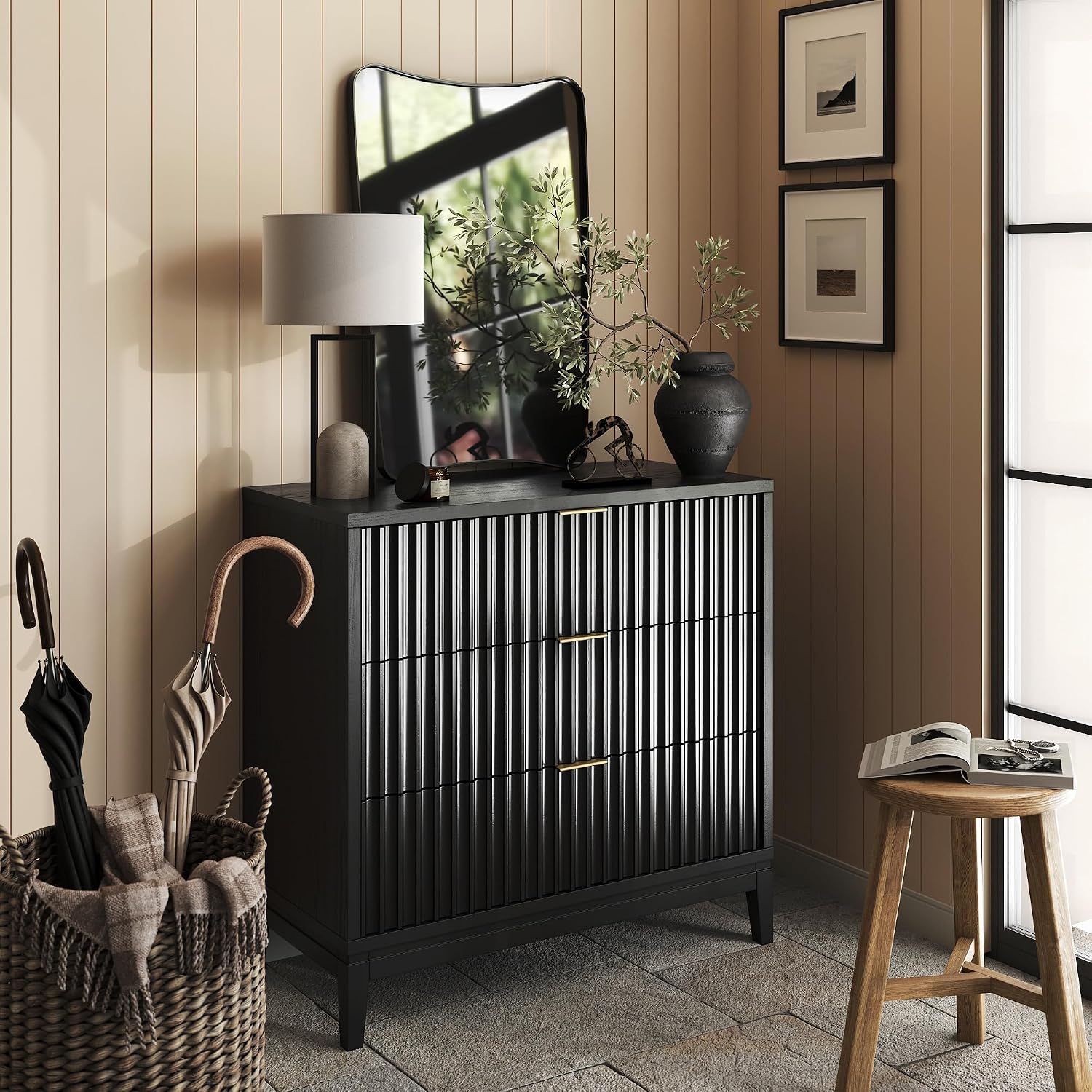 Nathan James Jasper 3 Drawer, Bohemian Fluted, Solid Wood for Nursery, Small Dresser for Bedroom, Black Oak
