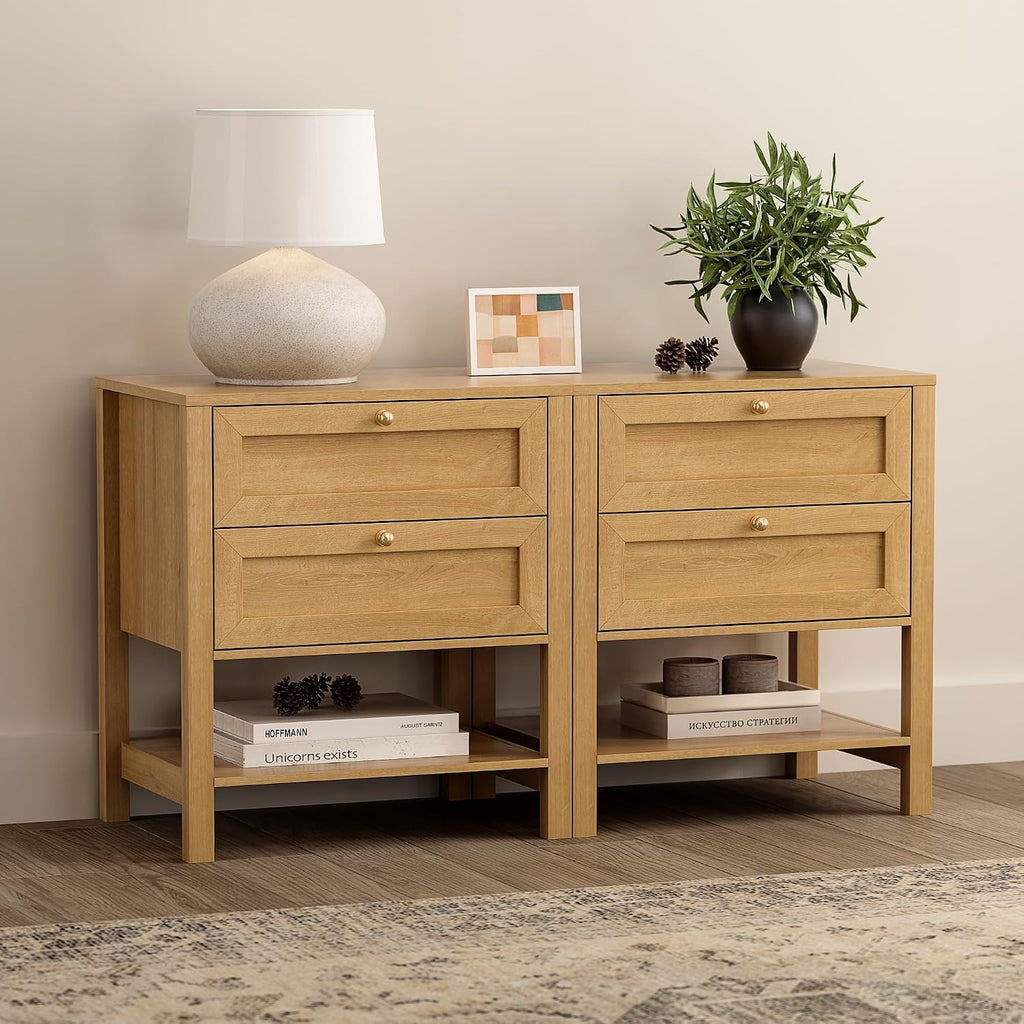 EYYTHUNG Modern Nightstand with Drawers, Large Farmhouse Wood Bedside Table with Open Shelf, 22' Wide Tall End Table for Sofa, Bedroom, Natural Oak