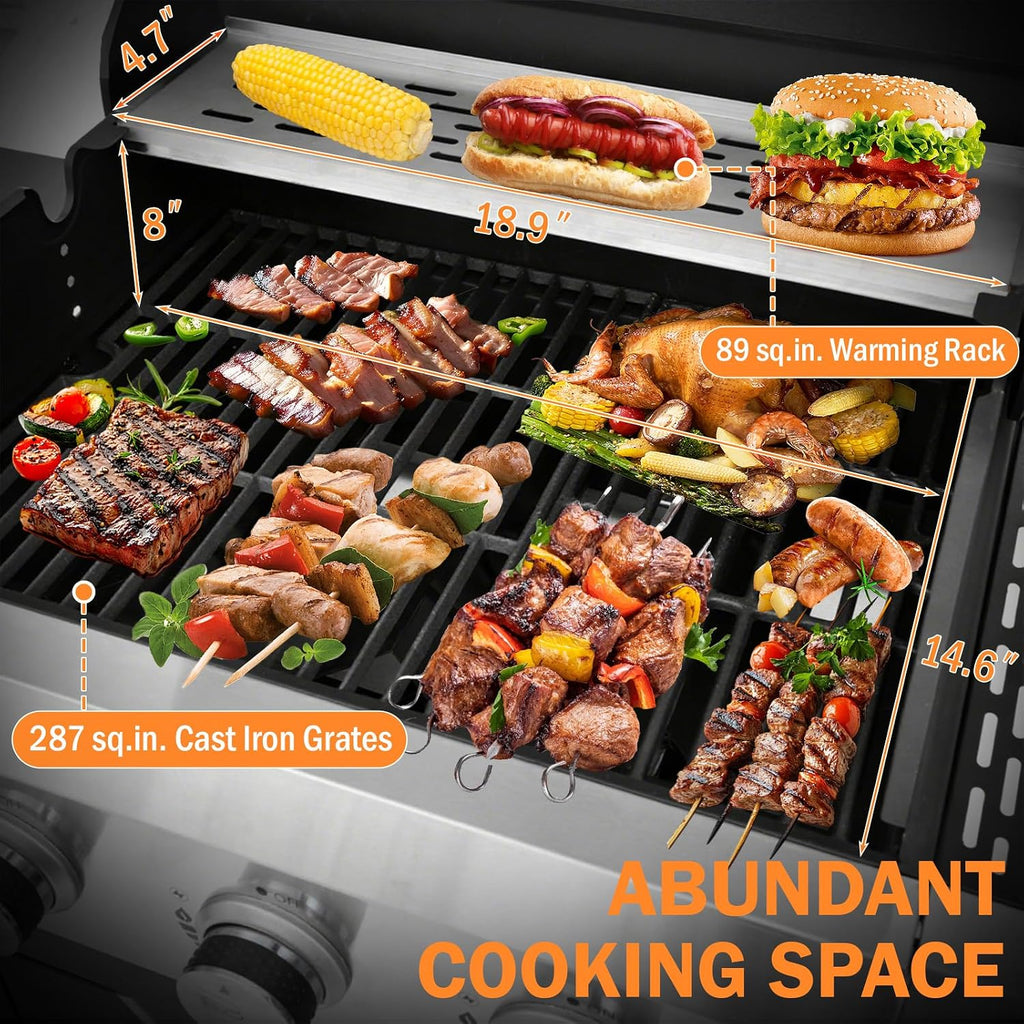 3-Burner Propane Gas Grill with Side Burner, 40,500 BTU Stainless Steel BBQ - Easy Assembly & Grease Management for Patio, Backyard, Camping (3+1Burner No Cover)