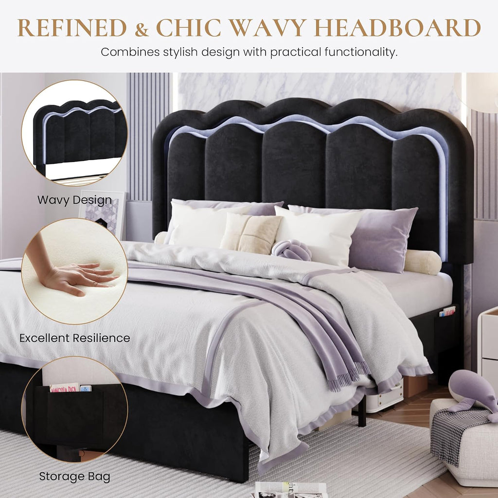 SHA CERLIN Upholstered Queen Size Bed Frame with LED Lights and Large Storage Drawer, Velvet Platform Bed with Adjustable Wavy Headboard, Noise Free, Easy Assembly, No Box Spring Needed, Soft Black