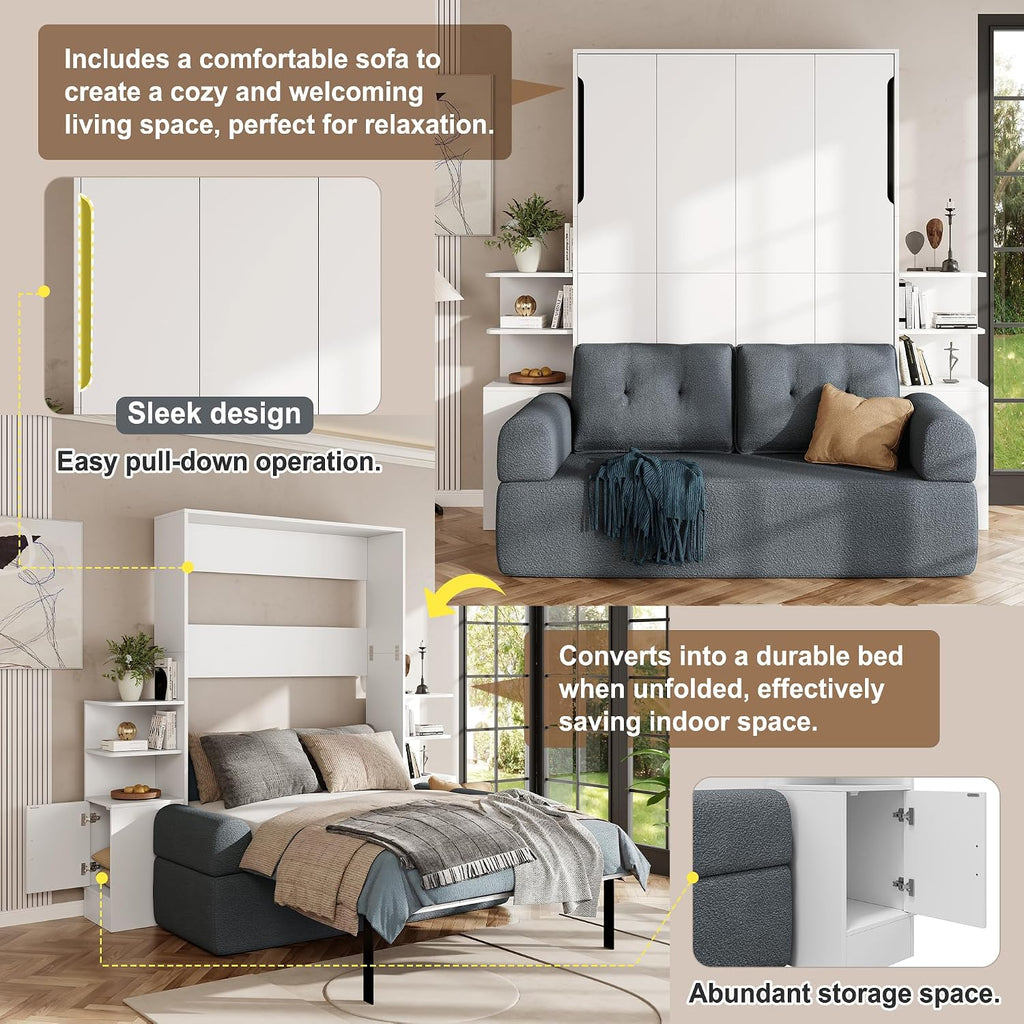 Full Wood Murphy Bed with Sofa,Shelves and Cabinets,Modern Foldable Wall Bed with Headboard,Couch and Armrest,for Home Office or Small Room,Space Saving,No Box Spring Needed,Gray