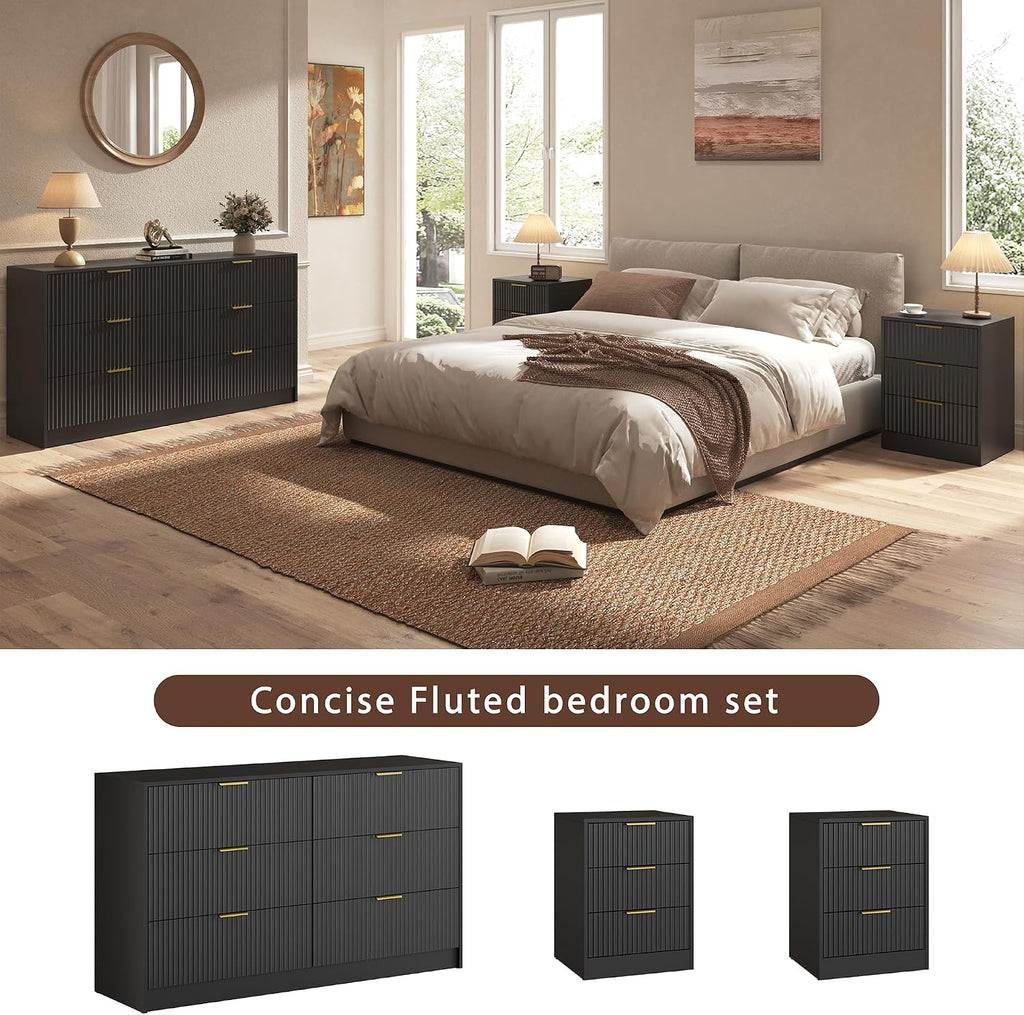 3-Piece Modern Bedroom Furniture Set, Wide 6-Drawer Dresser & 3-Drawer Nightstands Set of 2, Natural Wood Dresser and Nightstand Sets for Bedroom, Hallway, Black