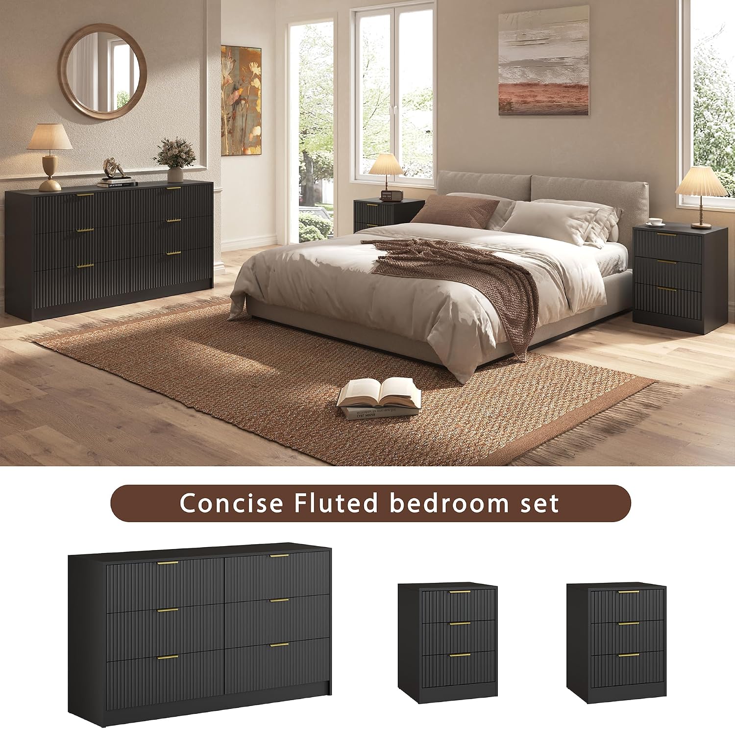 3-Piece Modern Bedroom Furniture Set, Wide 6-Drawer Dresser & 3-Drawer Nightstands Set of 2, Natural Wood Dresser and Nightstand Sets for Bedroom, Hallway, Black