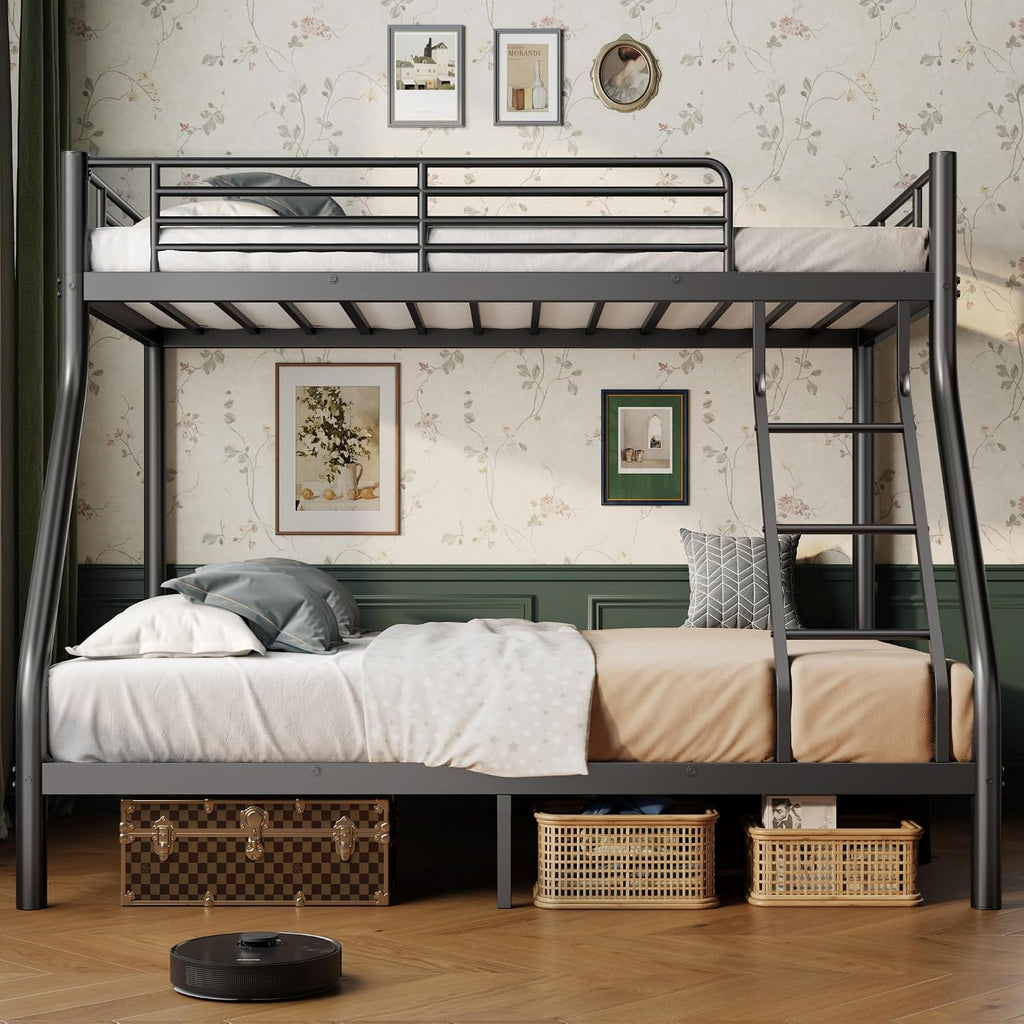 Bunk Beds Twin Over Full Size, Heavy Duty Bunk Beds with Bottom Space & Guardrail Metal Bunk Bed Frame for Adults Dorm Bedroom Guest Room, No Box Spring Needed（Upgrate Black）