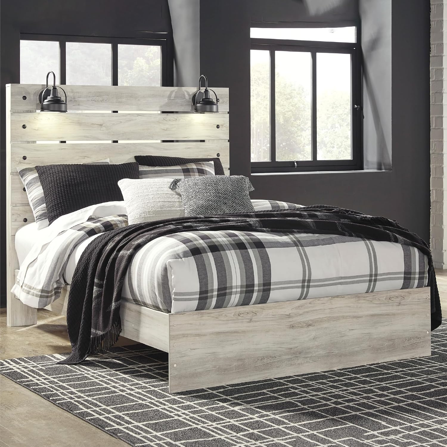 Signature Design by Ashley Cambeck Farmhouse Queen Panel Bed with LED Sconce Lights and USB Charging Ports, Open Slat Styling, Foundation or Box Spring Needed, Wood, Whitewash Finish
