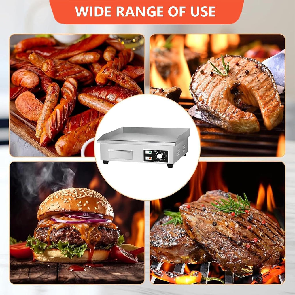 Electric Flat Top Grill Commercial Griddle 50°C-300°C, Stainless Steel Steak Bacon Fryer for Outdoor Camping, with Raised Baffle & Oil Storage Box & Radiating H，2500W