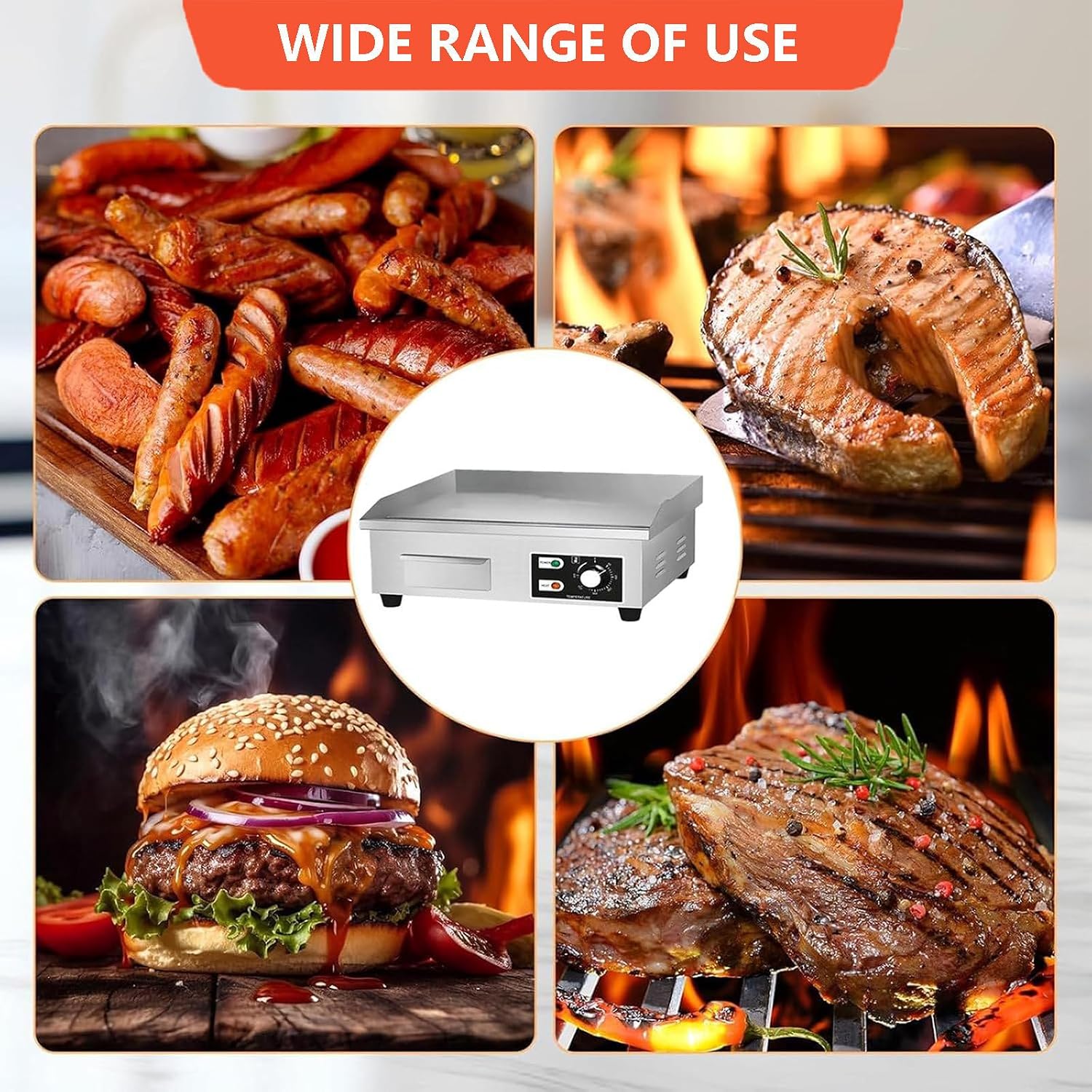 Electric Flat Top Grill Commercial Griddle 50-300℃, Stainless Steel Steak Bacon Fryer For Outdoor Camping, With Raised Baffle & Oil Storage Box & Radiation Hole & Rubber Feet,2500W