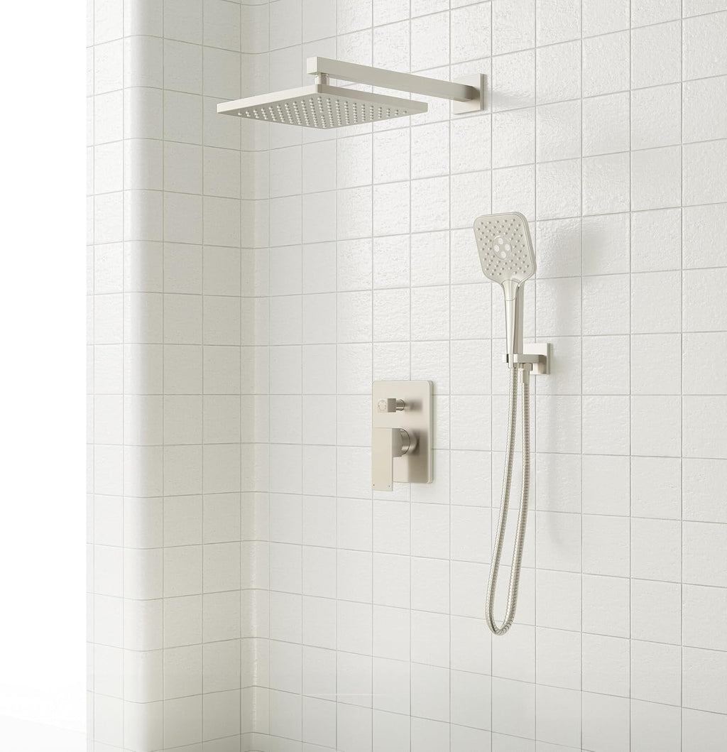Gabrylly Shower System, Wall Mounted Shower Faucets Sets Complete for Bathroom with High Pressure 10' Rain Shower head and 3-Setting Handheld Shower Head Set, 2 Way Shower Valve Kit, Brushed Nickel