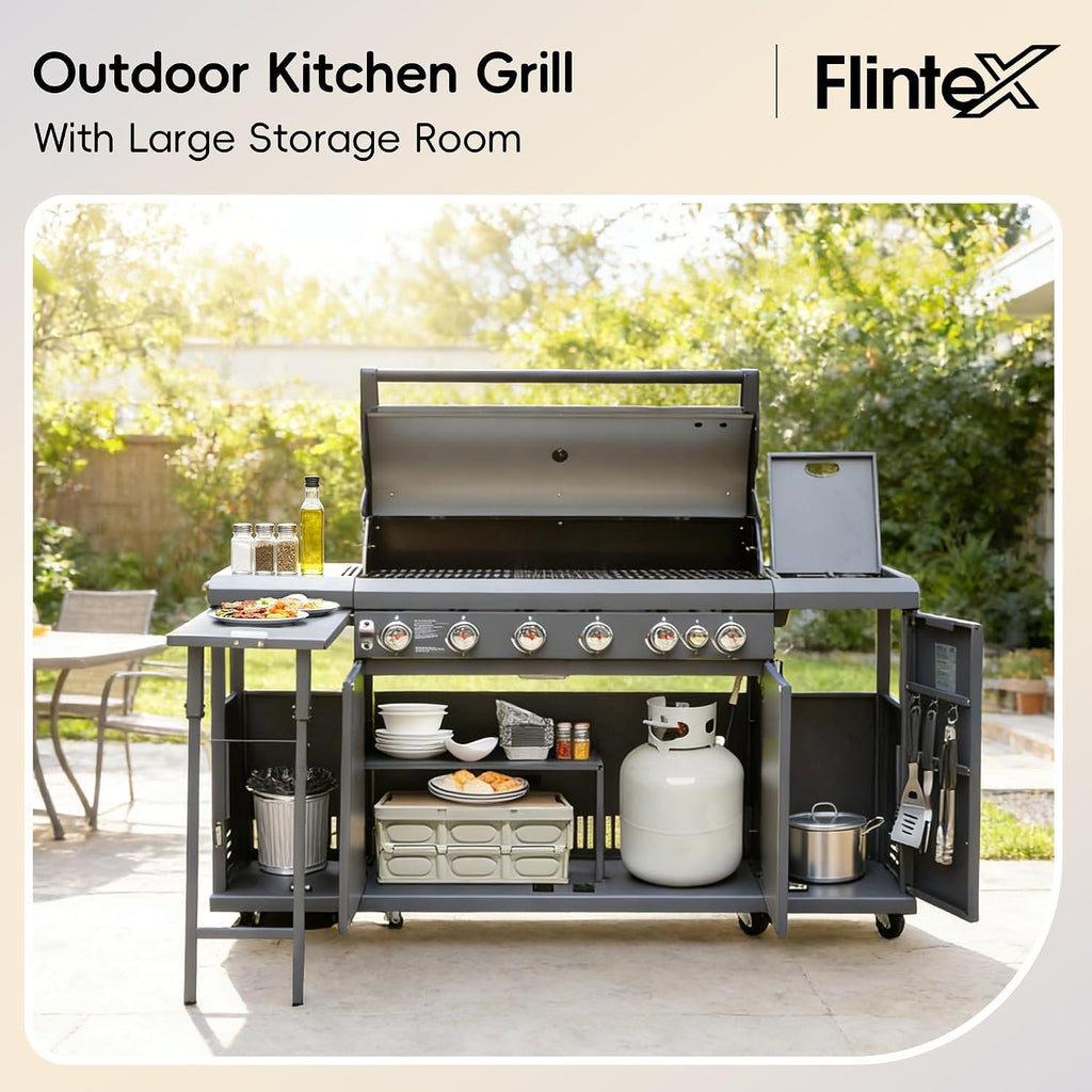 Flintex 6-Burner Propane Gas Kitchen Grill Island with Side Burner,72,000 BTU Stainless Steel BBQ Outdoor Griddle Grill Combo with LPG/NG Convertible and Storage Cabinets & Fold-out Table, Gray