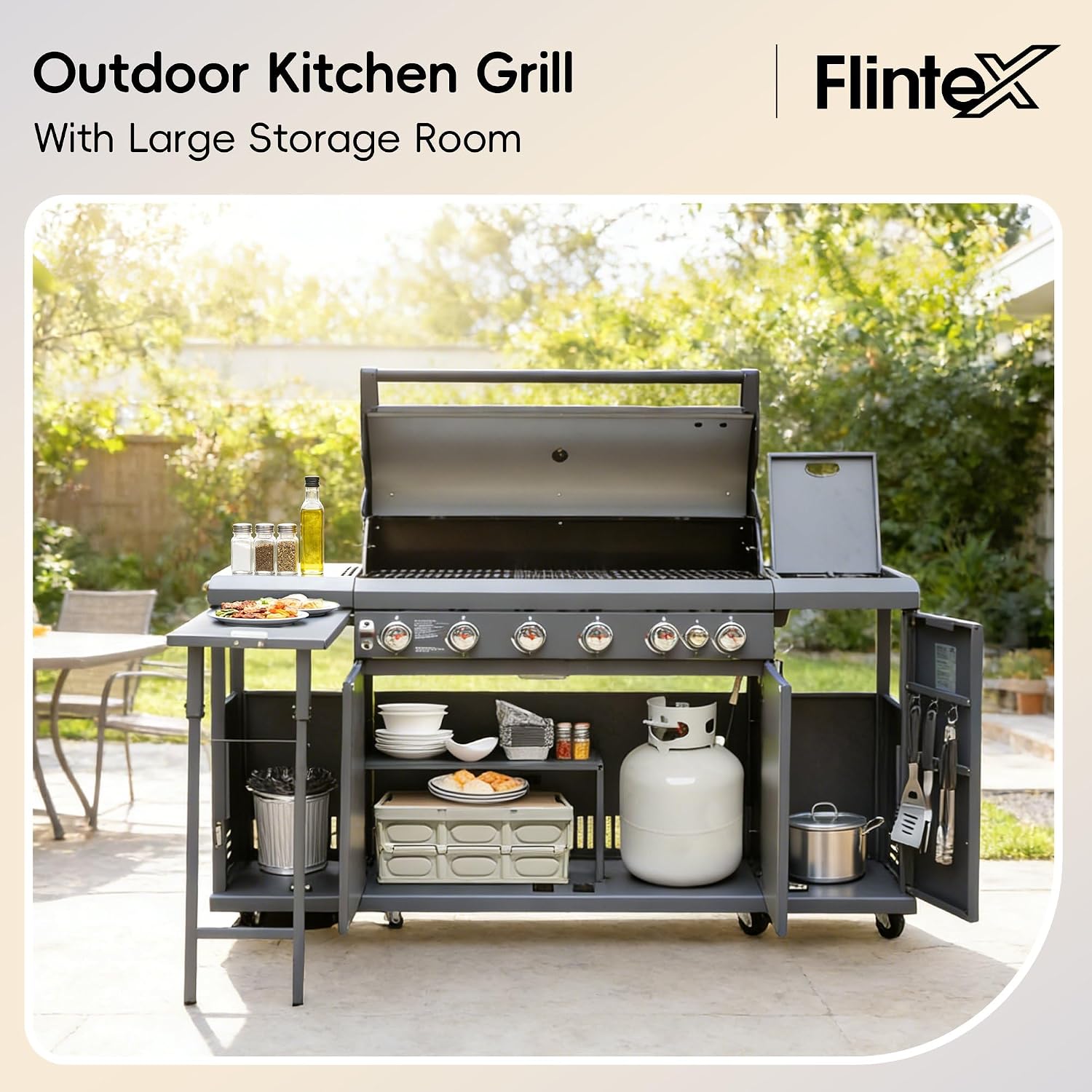 Flintex 6-Burner Propane Gas Kitchen Grill Island with Side Burner,72,000 BTU Stainless Steel BBQ Outdoor Griddle Grill Combo with LPG/NG Convertible and Storage Cabinets & Fold-out Table, Gray