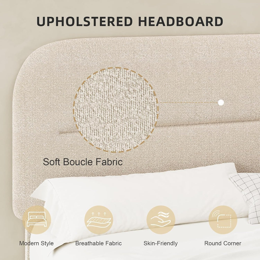 HOMBCK Bed Frame Queen Size, Boucle Upholstered Platform Queen Bed Frame with Headboard, Soft Headboard with Rounded Corners Design, Wood Slats, No Box Spring Required, Easy Assembly, Beige