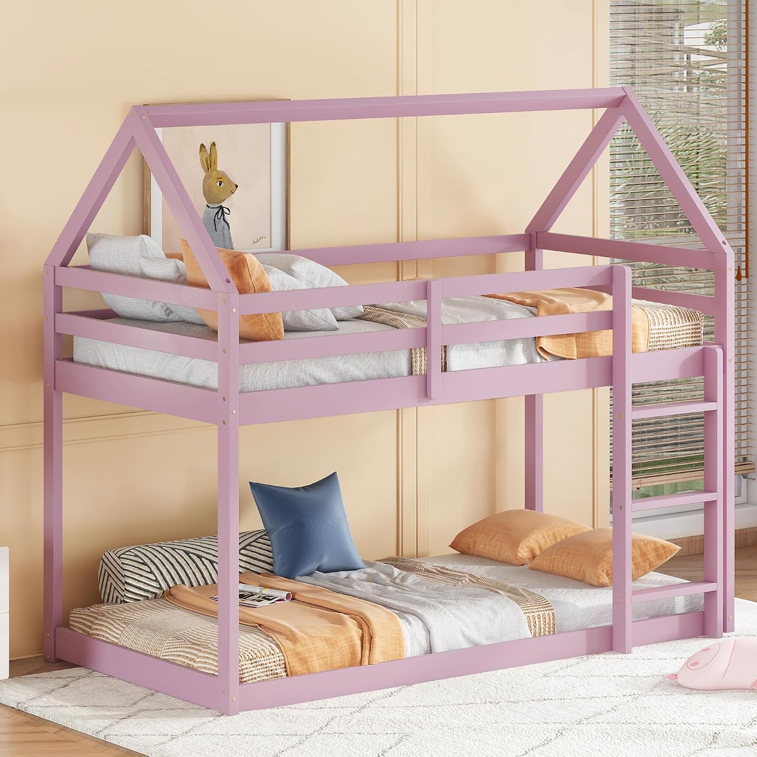 Bellemave Twin Over Twin Bunk Bed, Wooden House Bunk Bed with Ladder and Guardrails for Bedroom, Dormitory, Suit for Kids, Teens, Juniors, No Box Spring Needed, Pink