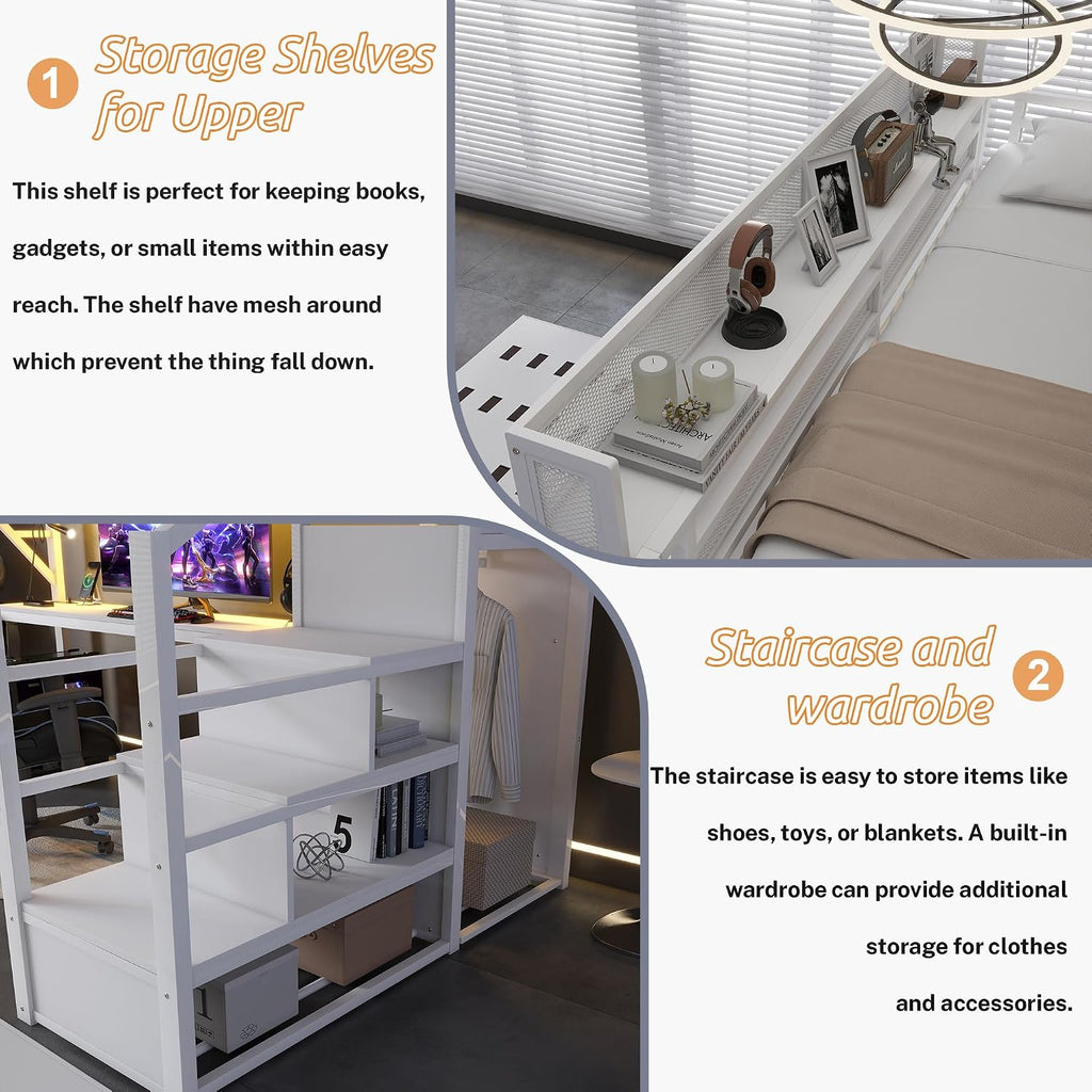 Metal Loft Bed with Desk and RGB LED Lights, Full Size Loft Bed with Stairs and Charging Station,Kids Loft Beds with Storage Shelves for Upper and Wardrobe,Loft Beds Frame for Kids Teens, White
