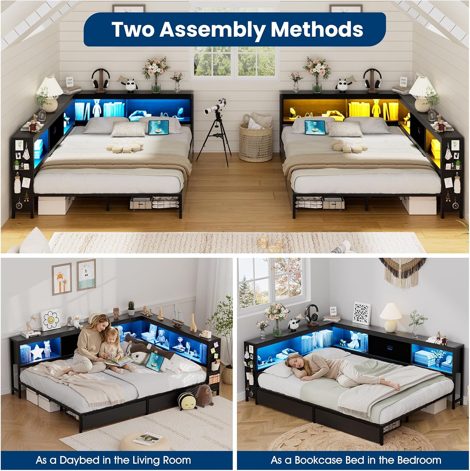 Corner Full Bed Frame with Storage Drawer & Bookcase Headboard, Full Size Metal Platform Bed Frame with Charging Station and LED Light, Full Daybed Multi-Storage for Kids Teens Guest, Black
